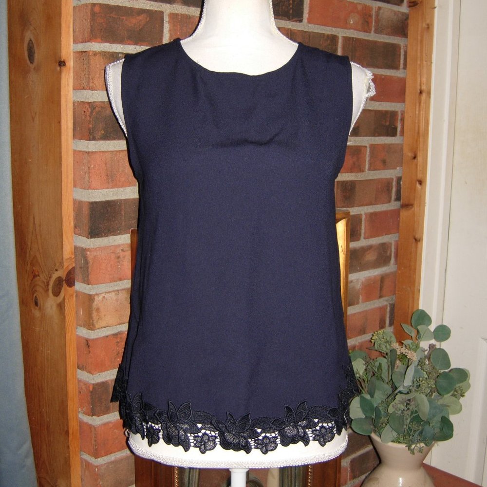 Ann Taylor Navy Lace Trimmed Top XS